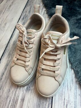 PUMA Pale Pink Platform Lace-Up Sneakers with White Details and Gold Logo